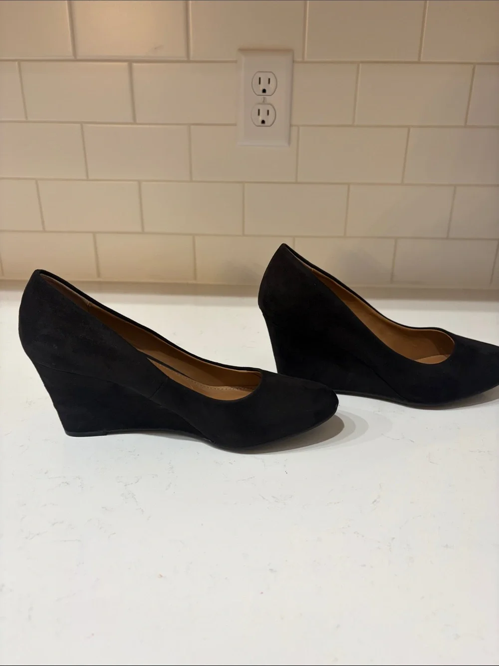 attention Black Suede Wedge Pumps